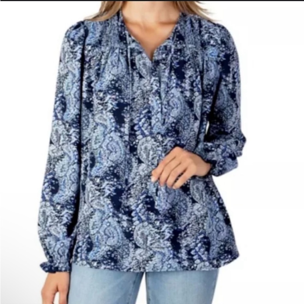 Joie Blue Parisian Paisley Long Sleeve Peasant  Blouse Size Large